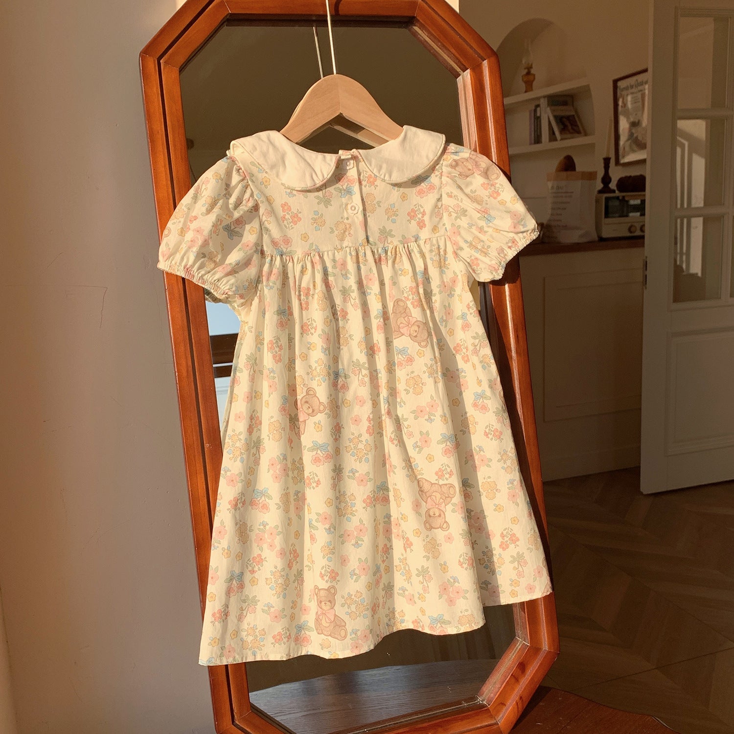 Summer Arrival Baby Kids Girls Cute Short Sleeves Teddy Pattern Embroidered Floral Dress-1