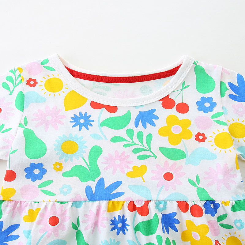 Summer Pure Cotton Colorful Flowers Pattern Short Sleeves Dress for Stylish Girls-3