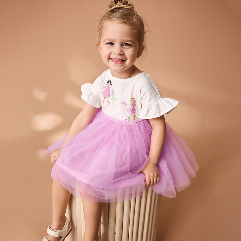 Summer Pure Cotton Cartoon Dancers Pattern Short Sleeves Tulle Patchwork Dress for Stylish Girls