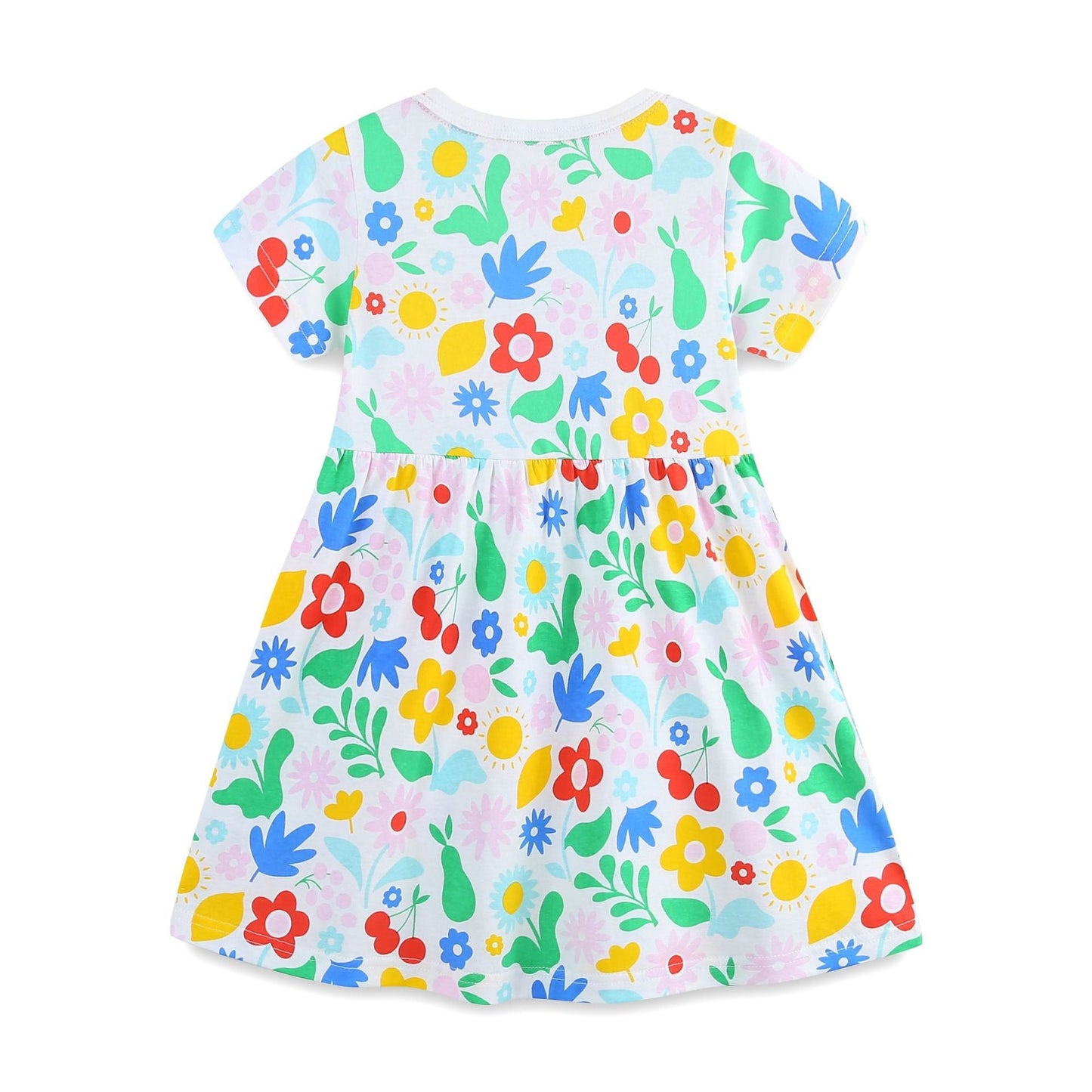 Summer Pure Cotton Colorful Flowers Pattern Short Sleeves Dress for Stylish Girls-1