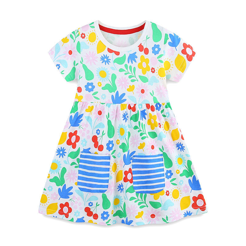 Summer Pure Cotton Colorful Flowers Pattern Short Sleeves Dress for Stylish Girls-0