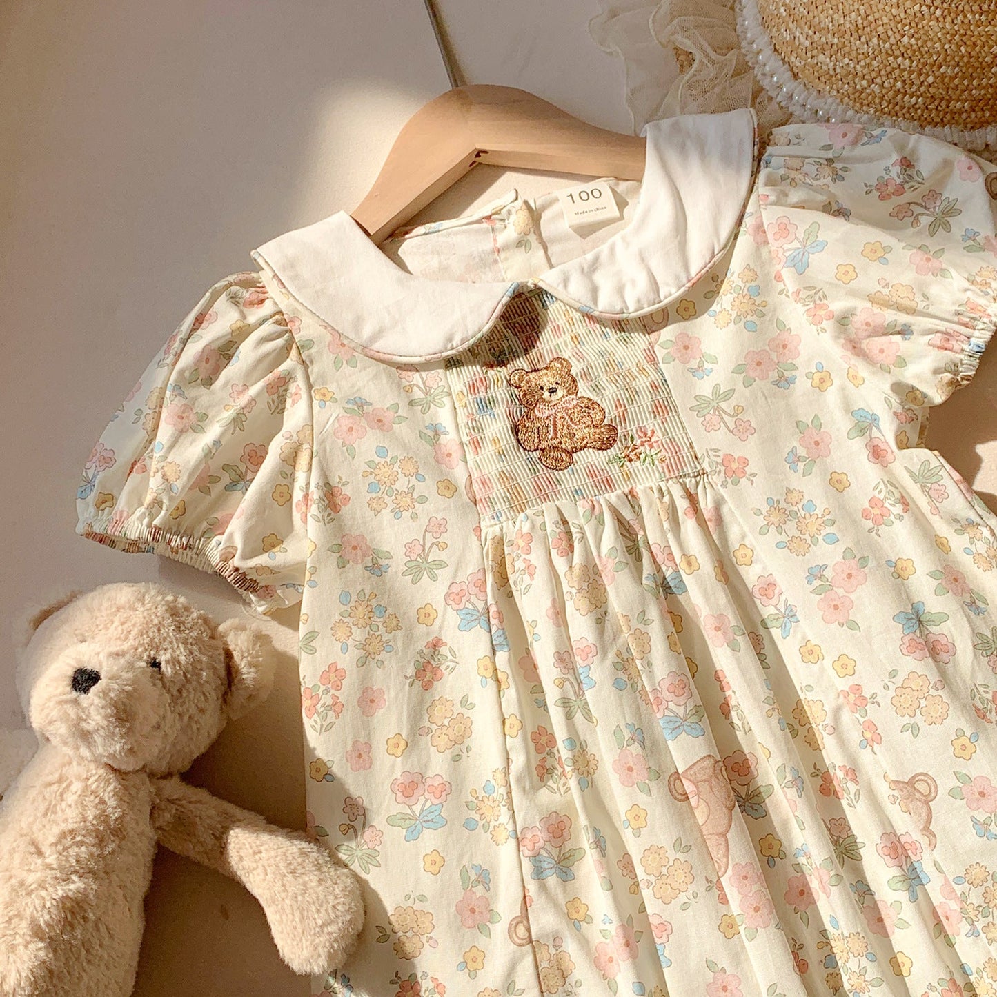 Summer Arrival Baby Kids Girls Cute Short Sleeves Teddy Pattern Embroidered Floral Dress-3