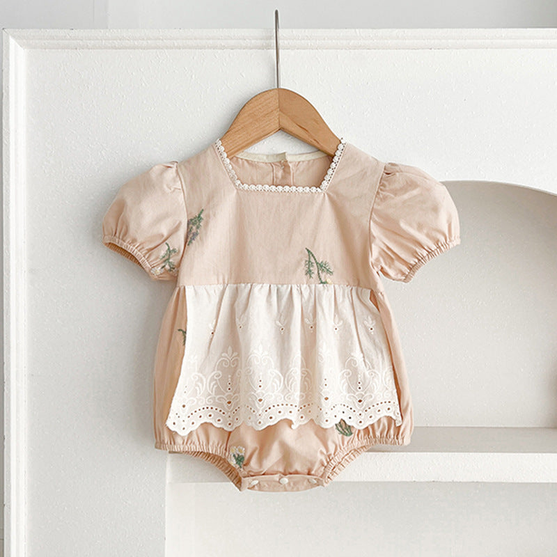 Summer Baby Girls French-style Flowers Embroidery Pattern Short-sleeved Onesies and Dress – Princess Sister Matching