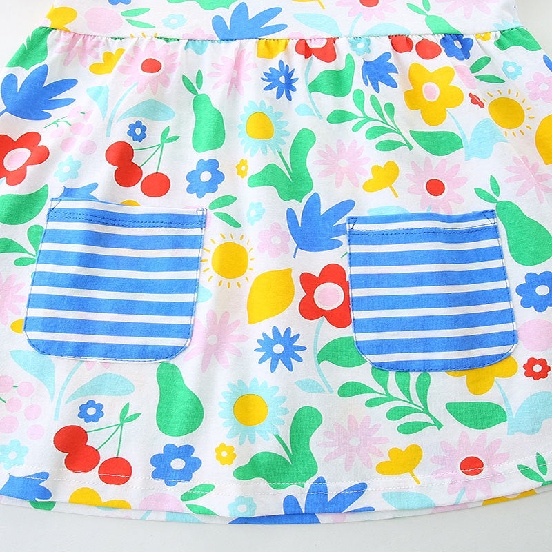 Summer Pure Cotton Colorful Flowers Pattern Short Sleeves Dress for Stylish Girls