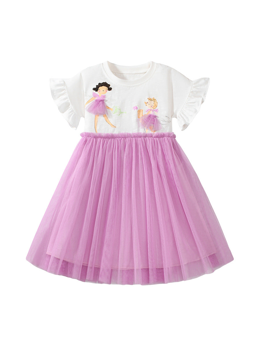 Summer Pure Cotton Cartoon Dancers Pattern Short Sleeves Tulle Patchwork Dress for Stylish Girls