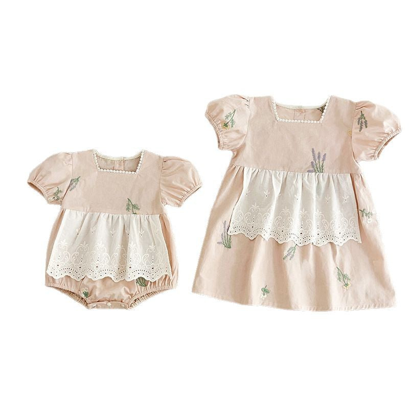 Summer Baby Girls French-style Flowers Embroidery Pattern Short-sleeved Onesies and Dress – Princess Sister Matching