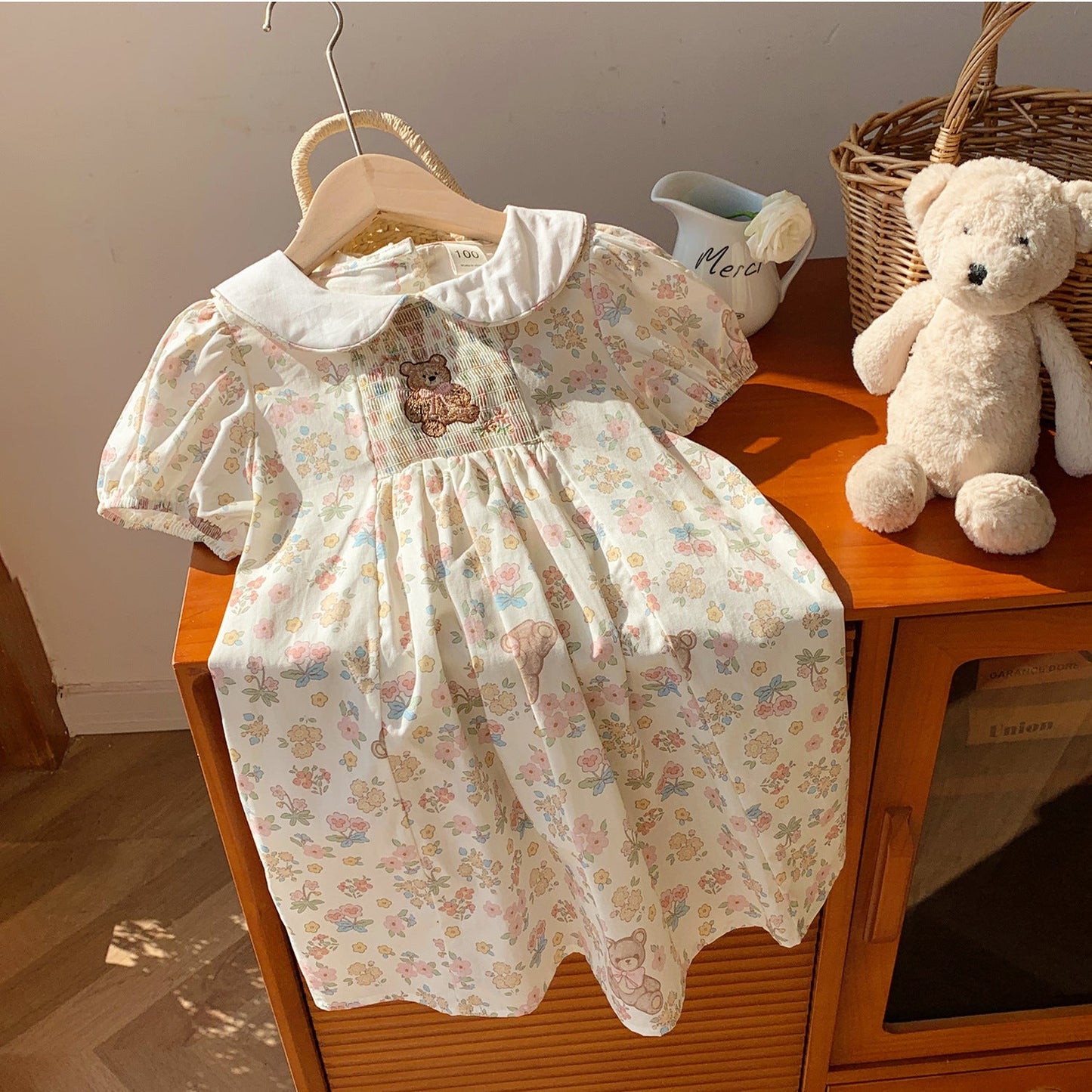 Summer Arrival Baby Kids Girls Cute Short Sleeves Teddy Pattern Embroidered Floral Dress