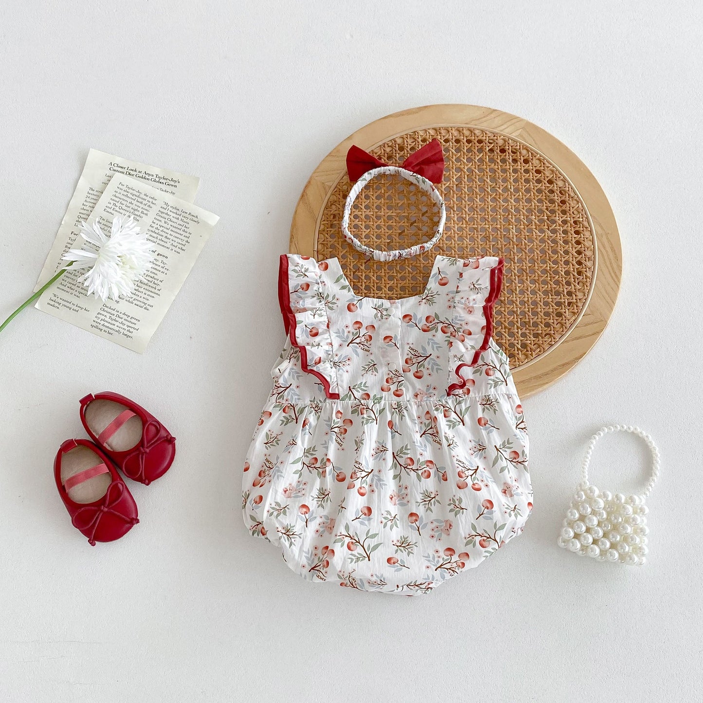 New Design Summer Baby Kids Girls Cherry Pattern Square Neck Sleeveless Big Bow Onesies