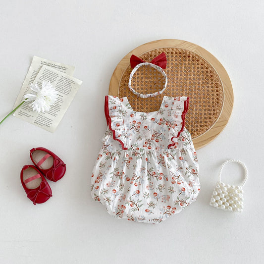 New Design Summer Baby Kids Girls Cherry Pattern Square Neck Sleeveless Big Bow Onesies