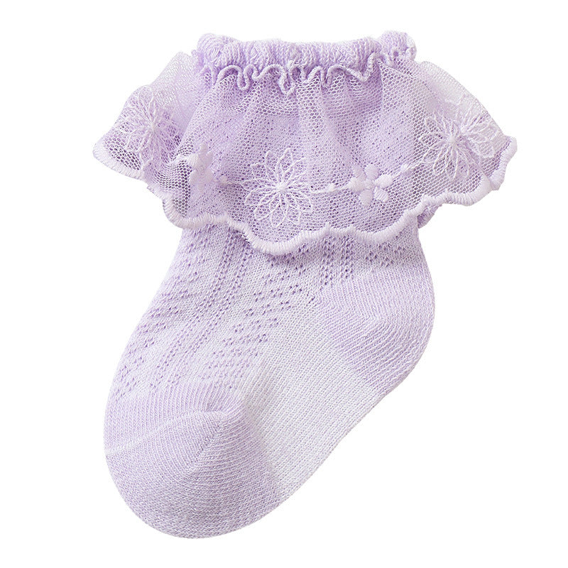 Baby Girl Solid Color Lace Mesh Design Princess Socks-3