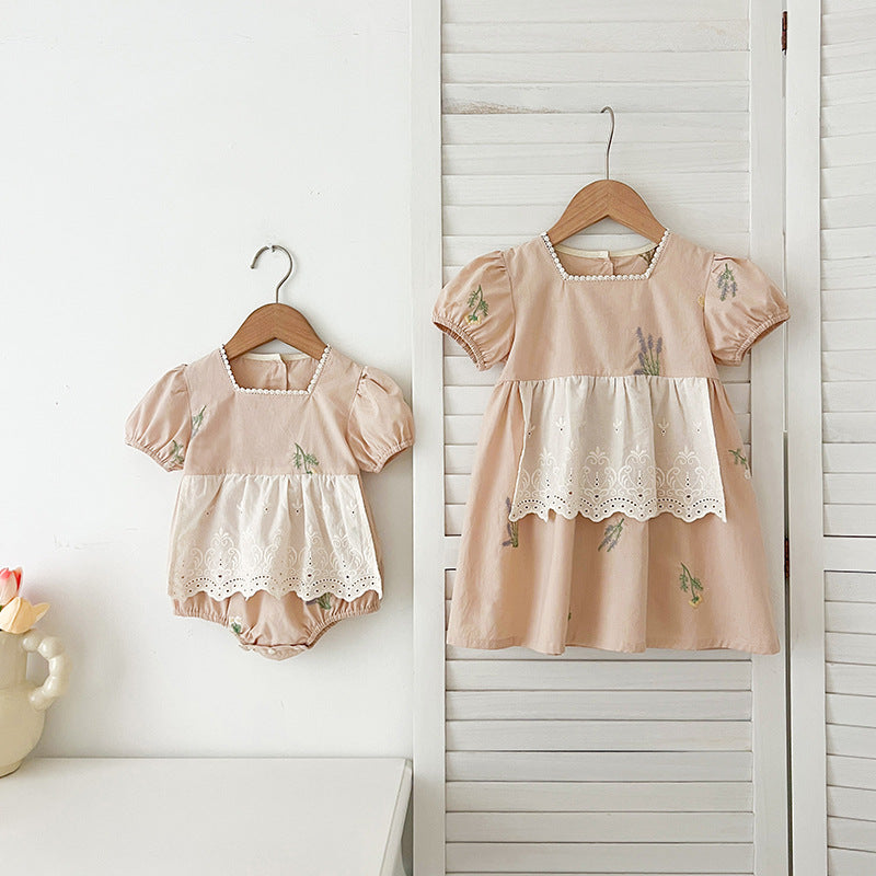 Summer Baby Girls French-style Flowers Embroidery Pattern Short-sleeved Onesies and Dress – Princess Sister Matching