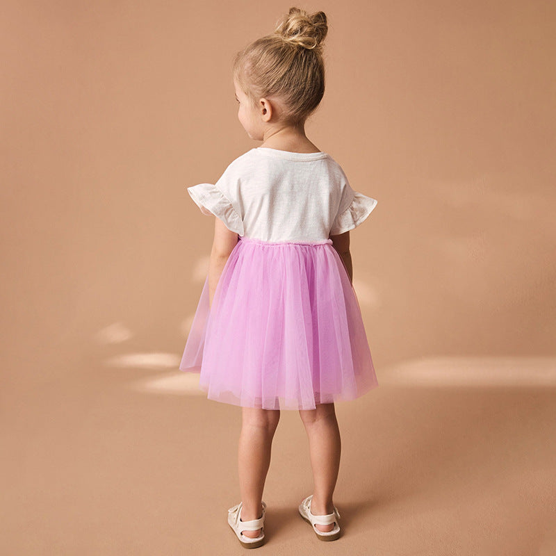 Summer Pure Cotton Cartoon Dancers Pattern Short Sleeves Tulle Patchwork Dress for Stylish Girls