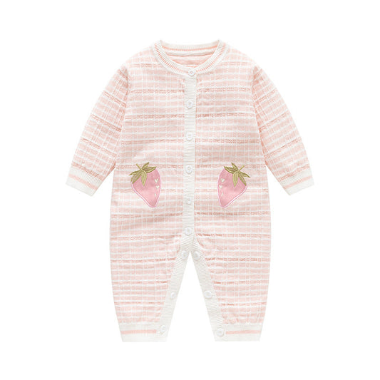 Autumn and Winter Arrival Baby Girls Knitted Strawberry Pattern Rompers