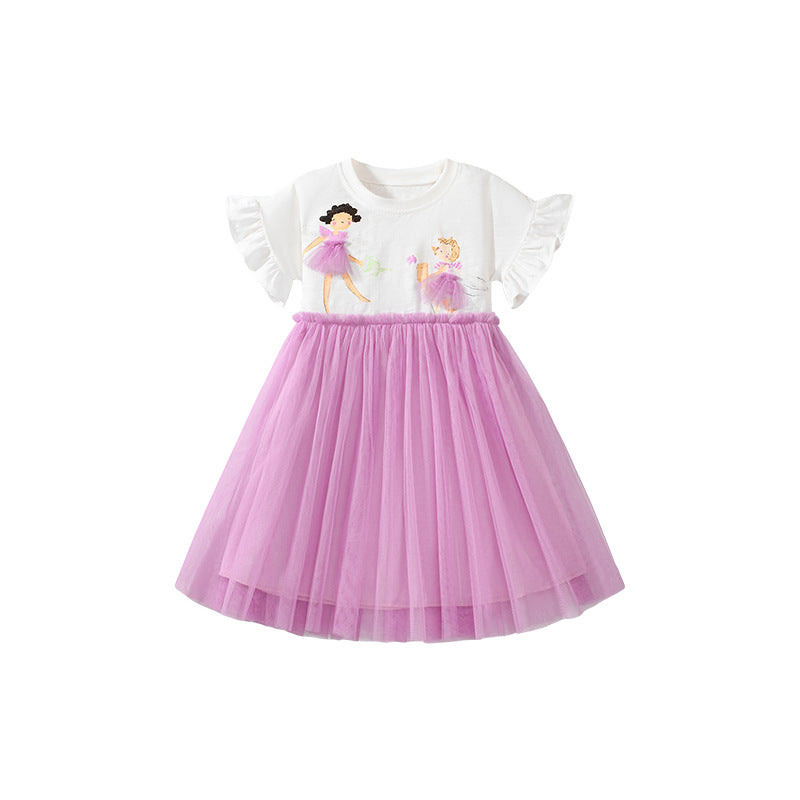 Summer Pure Cotton Cartoon Dancers Pattern Short Sleeves Tulle Patchwork Dress for Stylish Girls