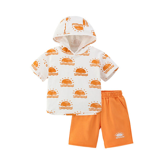 Summer Baby Kids Sunrise Pattern Hooded T-shirt and Shorts Clothing Set for Boys-0
