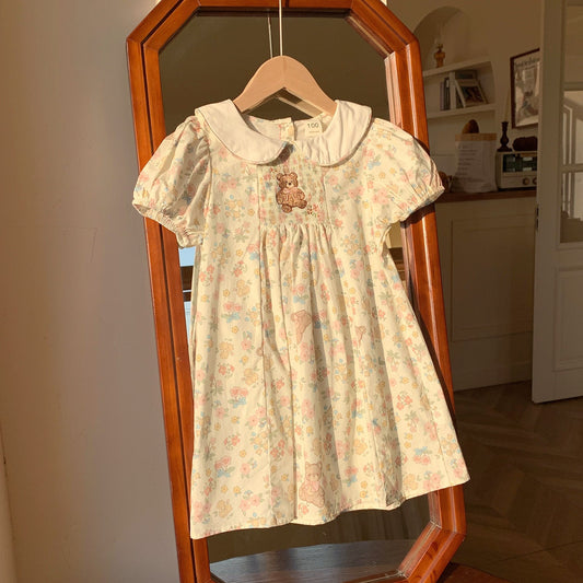 Summer Arrival Baby Kids Girls Cute Short Sleeves Teddy Pattern Embroidered Floral Dress