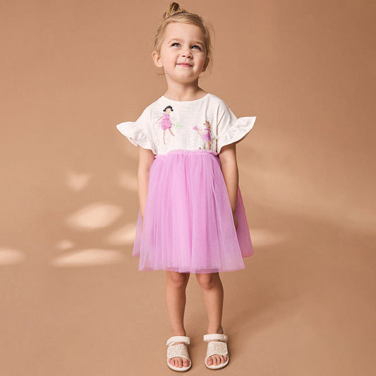 Summer Pure Cotton Cartoon Dancers Pattern Short Sleeves Tulle Patchwork Dress for Stylish Girls